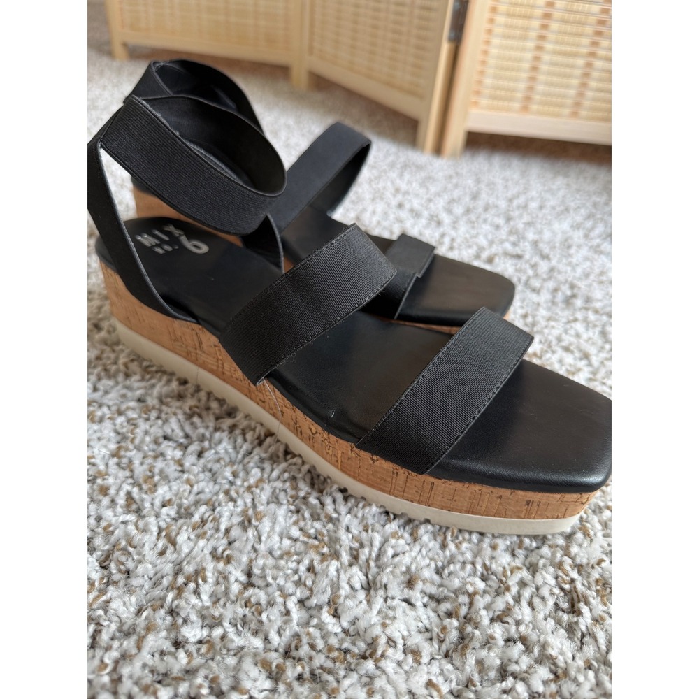 Mix No. 6 Black Elastic Strap Cork Wedge Platform Sandals Womens 9.5 Square Toe